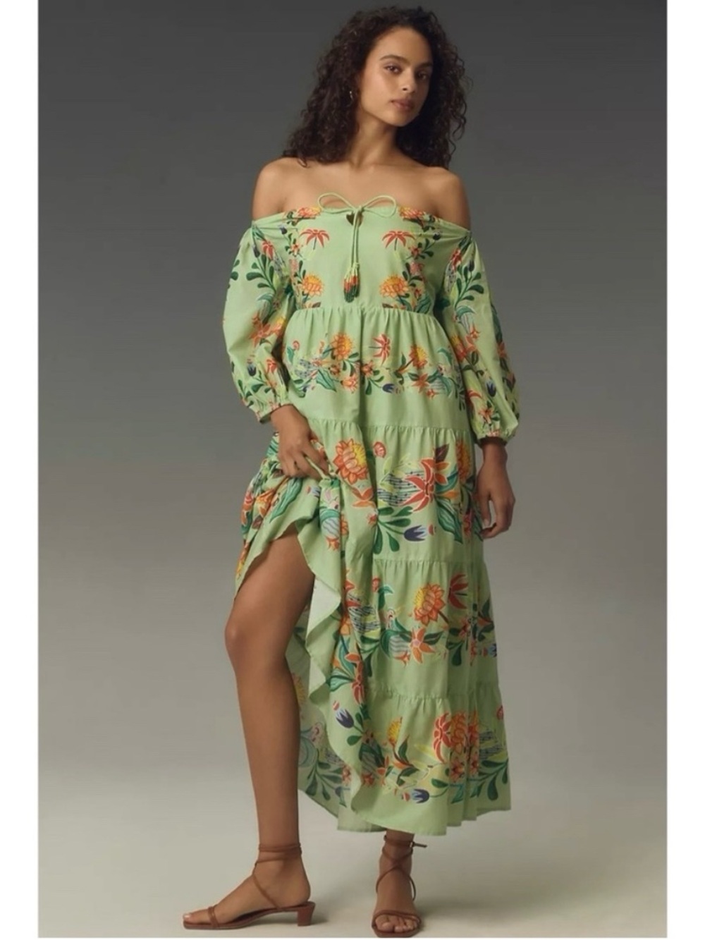 NWT Farm Rio x Anthropologie Green Floral Off The Shoulder Tiered Midi Dress L